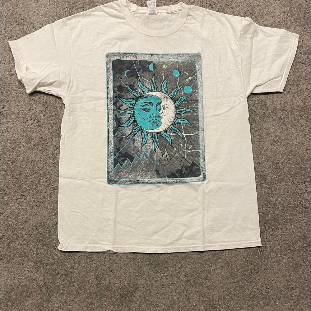 White Graphic T-Shirt with Sun and Moon Design